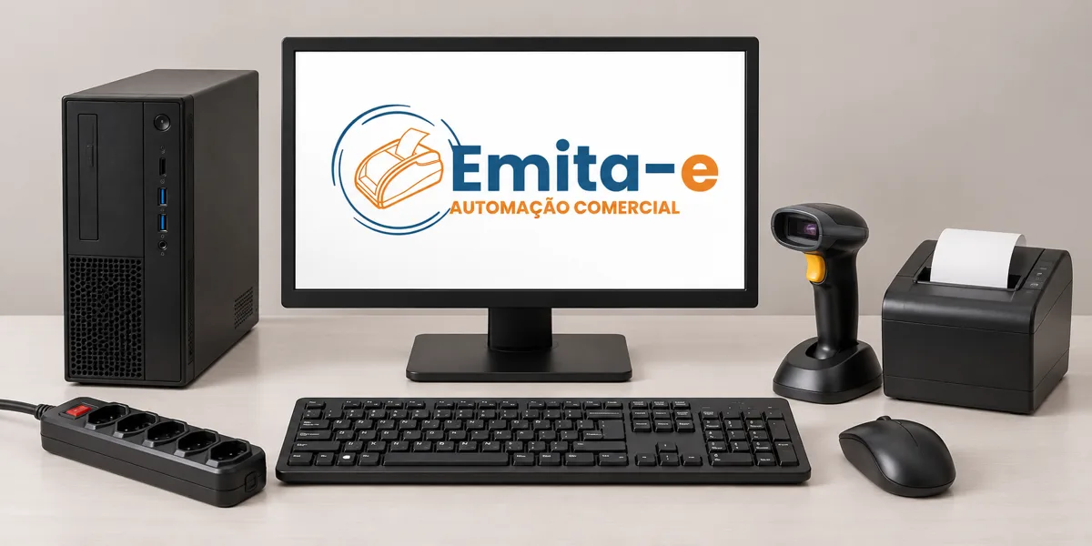 Kit ilustrativo com computador, monitor, impressora térmica, leitor de código de barras, teclado, mouse e filtro de linha