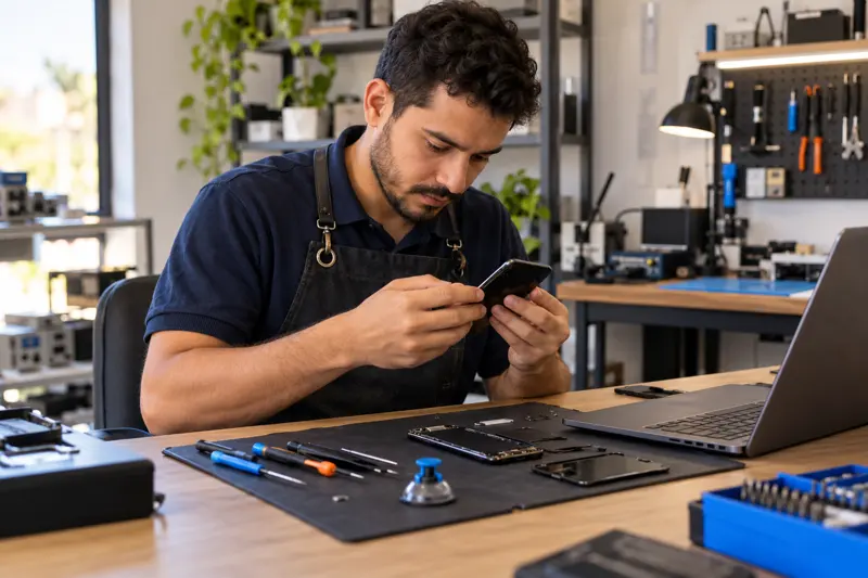 Técnico inspecionando um celular em uma bancada de assistência